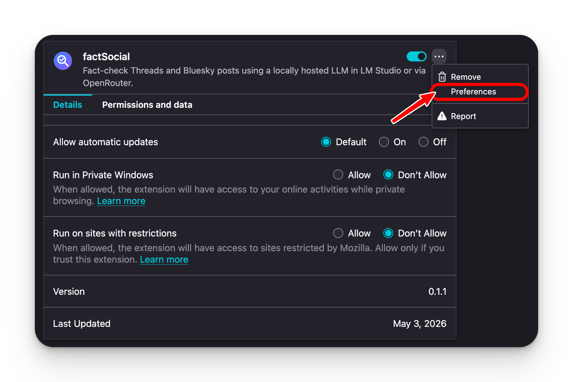 Firefox about:addons page showing the factSocial extension card with the ⋯ menu open and Preferences highlighted.